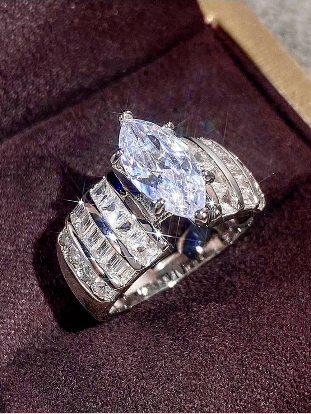Stunning Marquise-Cut Crystal Statement Ring in Silver Tone